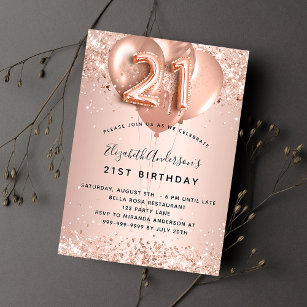 Invitation 21e anniversaire rose ballons d'or luxueux