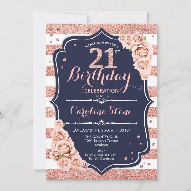 Invitation 21e anniversaire - Rose de la marine Gold et White (Devant)