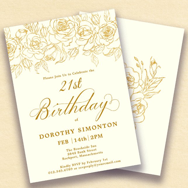 Invitation 21e Anniversaire Rose d'or Floral Ivory White (Créateur téléchargé)