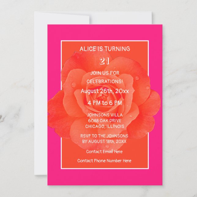 Invitation 21e Anniversaire Rose Orange Floral Rose moderne (Devant)