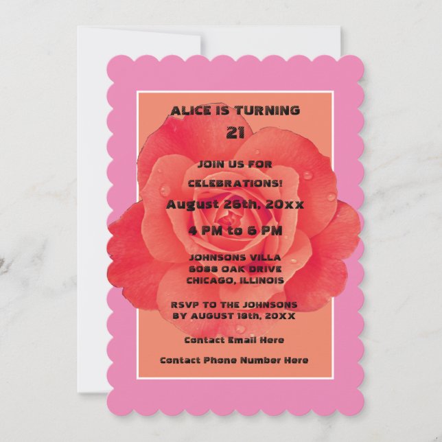 Invitation 21e Anniversaire Rose Orange Floral Rose moderne (Devant)