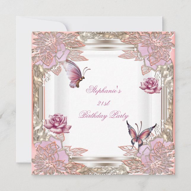 Invitation 21e Anniversaire Rose Rose Blanc Papillon (Devant)