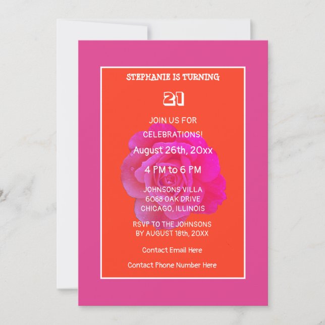 Invitation 21e Anniversaire Rose rose orange Floral Simple mi (Devant)