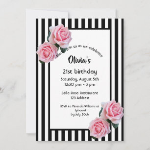 Invitation 21e anniversaire roses roses sur bandes blanches n