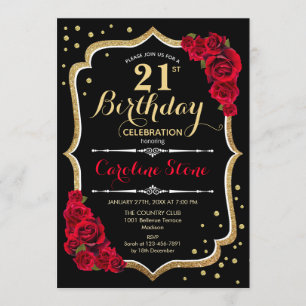 Invitation 21e anniversaire - Roses rouges noires d'or