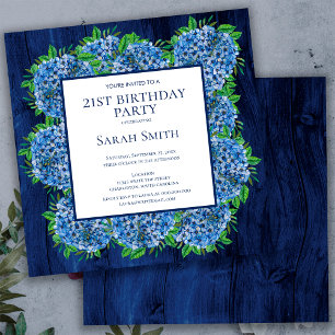 Invitation 21e anniversaire Rustic Wood Blue Hydrangeas Party