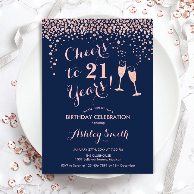 Invitation 21e Anniversaire Salue À 21 Ans Rose Gold Navy (Créateur téléchargé)