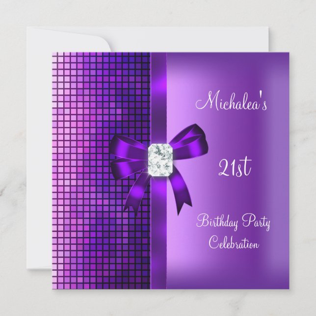 Invitation 21e Anniversaire Séquins de Diamant Violet Bow (Devant)