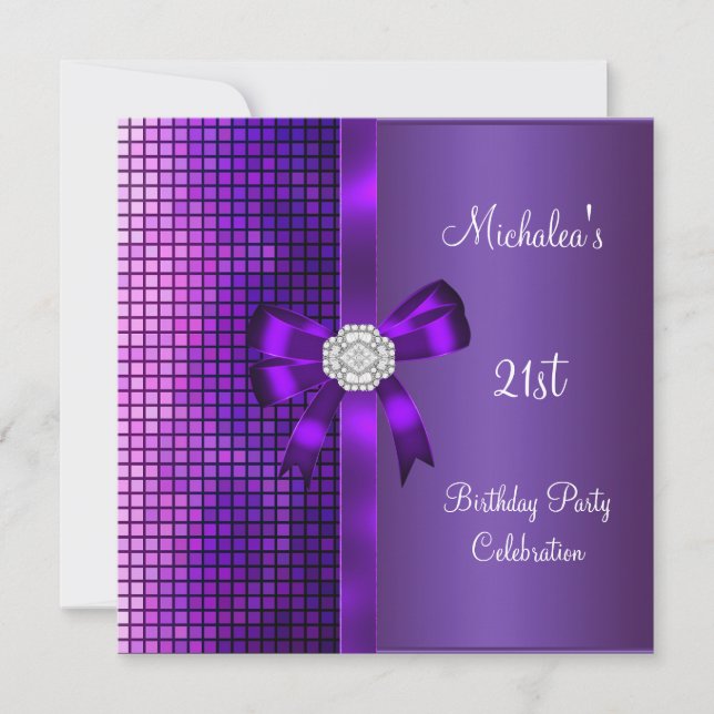 Invitation 21e Anniversaire Séquins de Diamant Violet Bow (Devant)