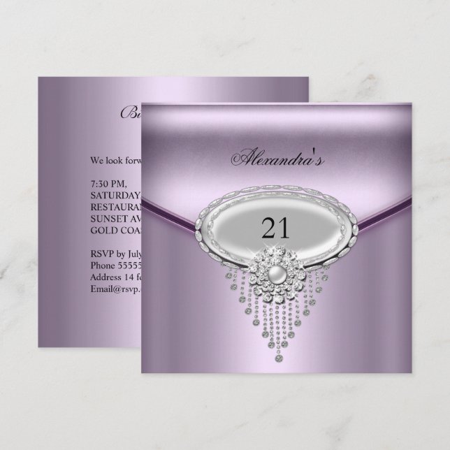 Invitation 21e anniversaire Silver White Lilac Jewel Image (Devant / Derrière)