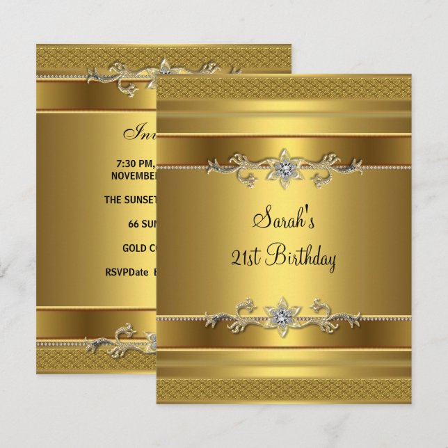Invitation 21e Anniversaire Soirée Diamant Or Bijou (Devant / Derrière)