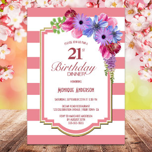 Invitation 21e anniversaire Soirée florale rose rayée