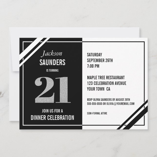 Invitation 21e anniversaire Soirée moderne Noir et Blanc (Devant)