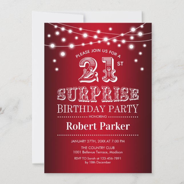 Invitation 21e Anniversaire Surprise - Noir Rouge Blanc (Devant)