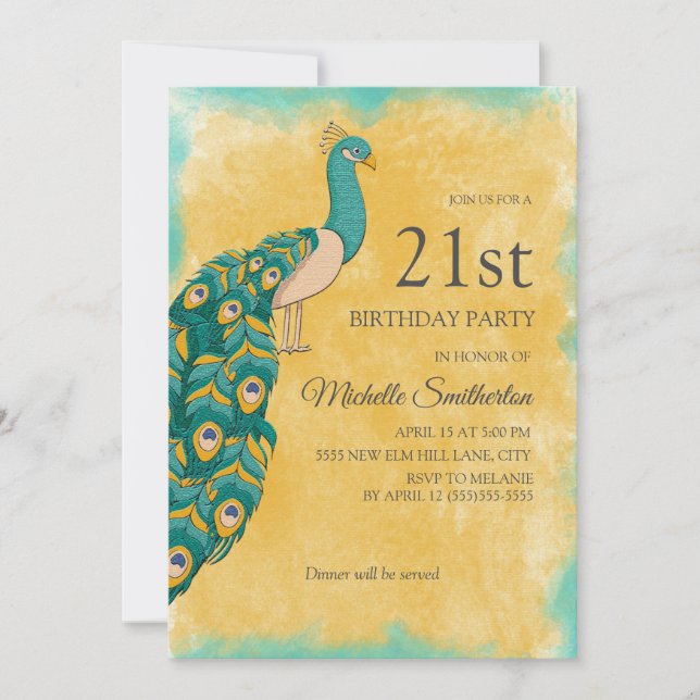 Invitation 21e anniversaire Turquoise Aquarelle jaune Peacock (Devant)