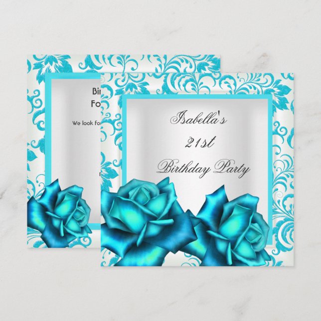 Invitation 21e anniversaire Turquoise Bleu Floral Rose Blanc (Devant / Derrière)