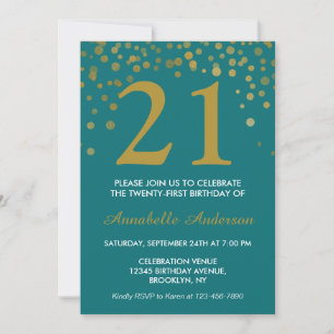 Invitation 21e anniversaire Turquoise Gold Confetti Dot Glam 