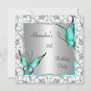 Invitation 21e anniversaire Turquoise papillon floral argent 