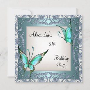 Invitation 21e anniversaire Turquoise papillon floral Argent