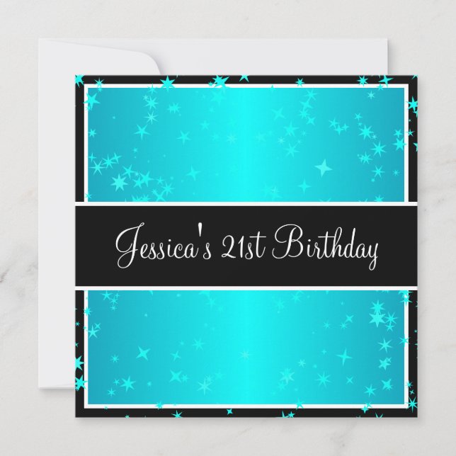 Invitation 21e Anniversaire Turquoise Stars Black & White (Devant)