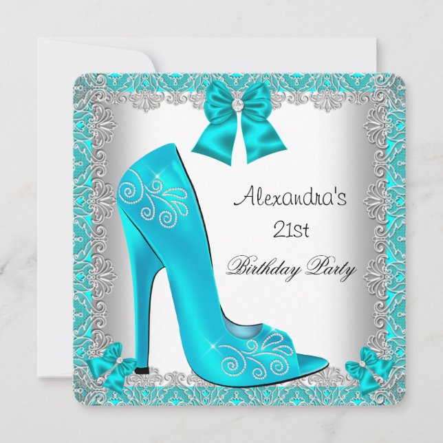 Invitation 21e Anniversaire Turquoise talon Chaussure argent  (Devant)