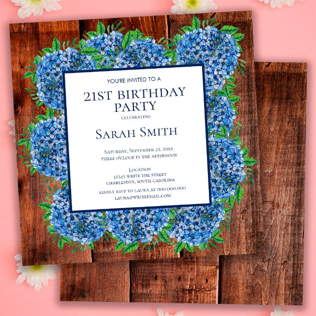 Invitation 21e anniversaire Wood Blue Hydrangeas Rustic Party (Créateur téléchargé)