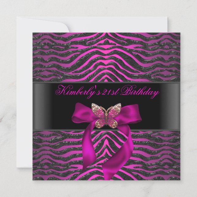 Invitation 21e anniversaire Zebra Black Silver Pink Butterfly (Devant)