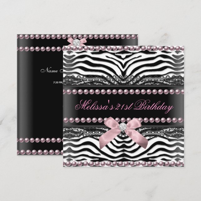 Invitation 21e Anniversaire Zebra Pink Blanc Black Lace Pearl (Devant / Derrière)