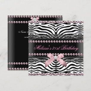 Invitation 21e Anniversaire Zebra Pink Blanc Black Lace Pearl