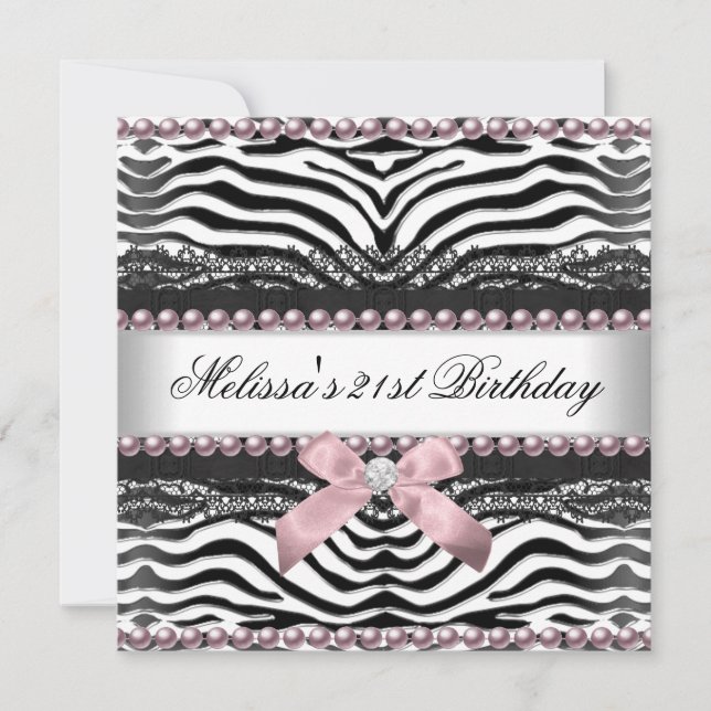 Invitation 21e Anniversaire Zebra Rose Blanc noir dentelle (Devant)