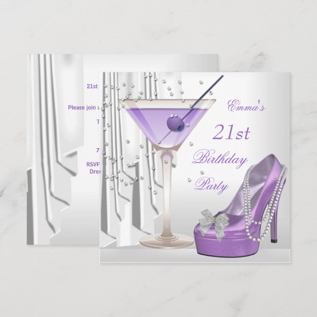 Invitation 21e fête d'anniversaire Blanc Lilac Martini Pearl  (Devant / Derrière)