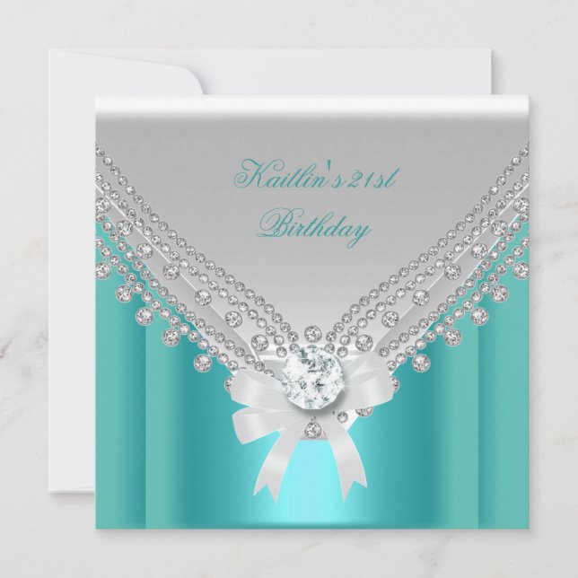 Invitation 21e fête d'anniversaire Blanc Turquoise Diamant bl (Devant)