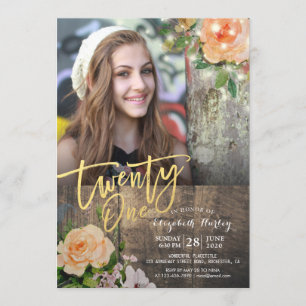 Invitation 21e fête d'anniversaire Bois Floral Chaîne Lumière