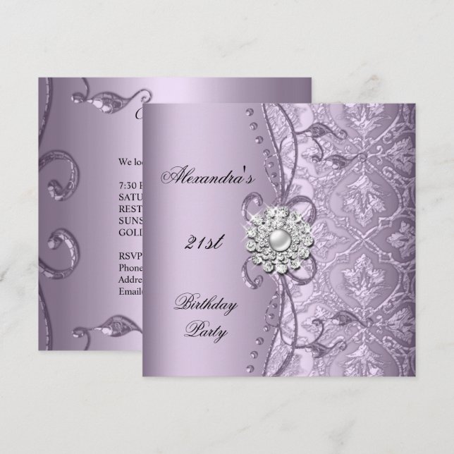 Invitation 21e fête d'anniversaire Damask Lilac Jewel Image (Devant / Derrière)