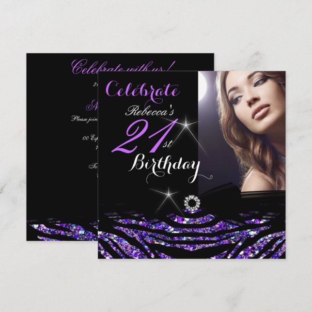Invitation 21e fête d'anniversaire Hot Purple 21 Zebra Photo  (Devant / Derrière)