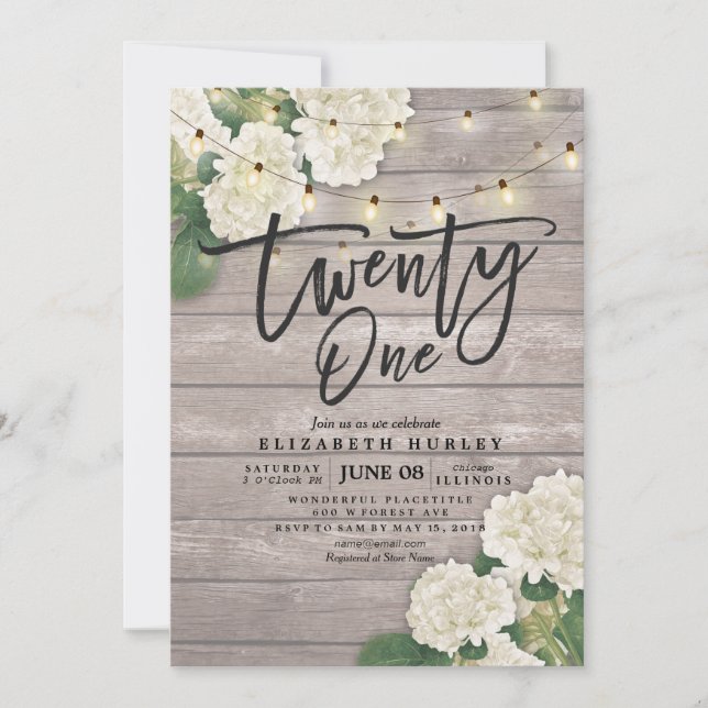 Invitation 21e fête d'anniversaire Hydrangea Fleurs Lumières  (Devant)