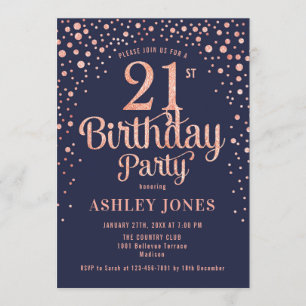 Invitation 21e fête d'anniversaire - Marine & Rose Gold