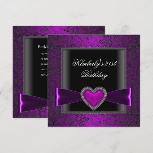 Invitation 21e fête d'anniversaire Noir Argent Purple Coeur G