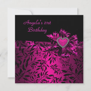 Invitation 21e fête d'anniversaire Pink Bow Black Floral 21