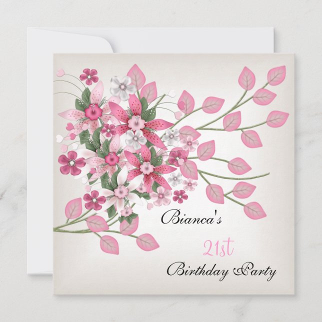 Invitation 21e fête d'anniversaire Plutôt rose Floral (Devant)