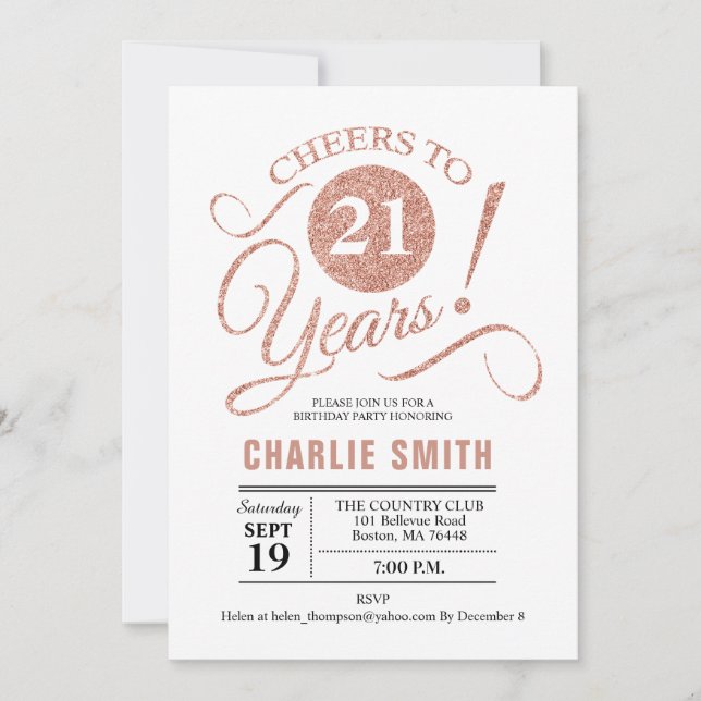 Invitation 21e fête d'anniversaire - Rose Gold White (Devant)
