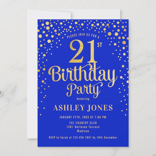 Invitation 21e fête d'anniversaire - Royal Blue & Gold (Devant)