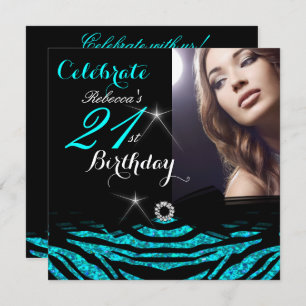 Invitation 21e fête d'anniversaire Turquoise Blue 21 Zebra Ph