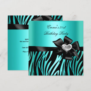 Invitation 21e fête d'anniversaire Zebra Argent Turquoise Ble
