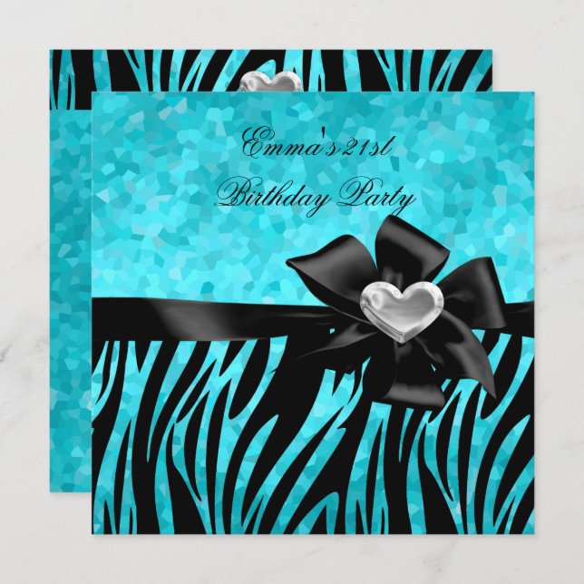 Invitation 21e fête d'anniversaire Zebra Argent Turquoise Ble (Devant / Derrière)
