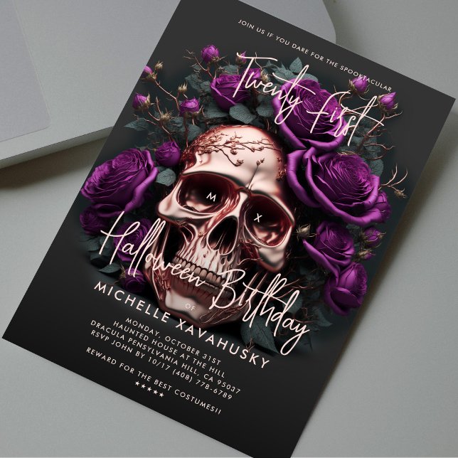 Invitation 21e Halloween Crâne pourpre Roses (21st Halloween Birthday Skull Purple Roses Invitation
)