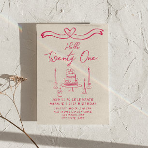 Invitation 21e Main Drawn Cake Bonjour Vingt et un Anniversai