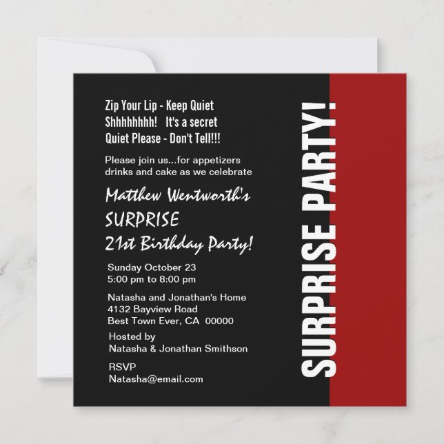 Invitation 21e SURPRISE Anniversaire moderne Noir Rouge Blanc (Devant)