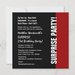 Invitation 21e SURPRISE Anniversaire moderne Noir Rouge Blanc