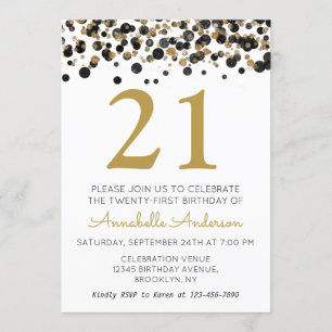 Invitation 21ème Confettis noirs d'étincelle de parties